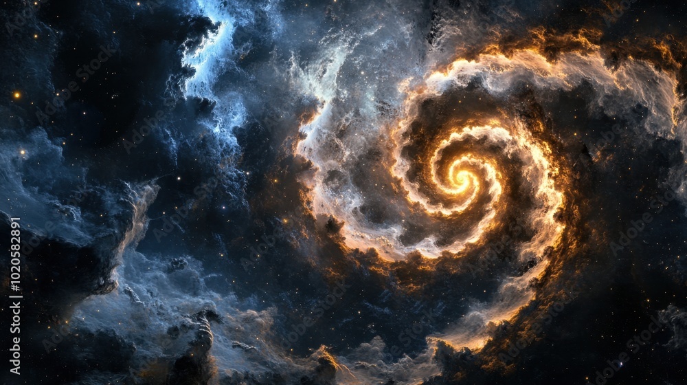 Poster cosmic scene with a glowing golden ratio spiral extending into the universe, representing the inters