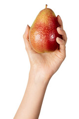 Hand showing a fresh red blush pear transparent png