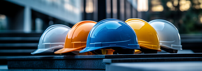 Colorful Construction Helmets Lined Up in a Row at a Modern Worksite