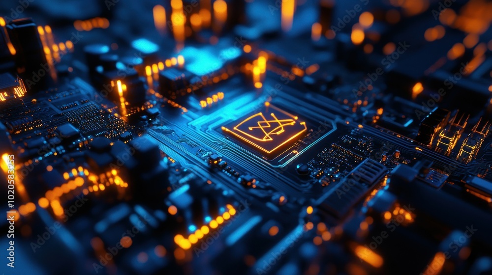 Poster close-up of a glowing circuit board with a central processor chip