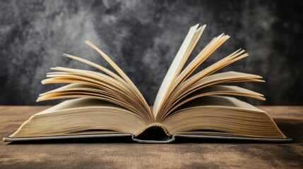 Fototapeta premium An Open Book with Curved Pages on a Wooden Surface