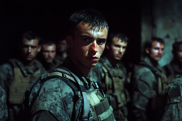 Fototapeta premium Military Soldiers in Tactical Gear Preparing for Action in a Dimly Lit Environment