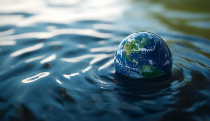 Earth Floating in Calm Water Representing Environmental Issues and Planetary Conservation
