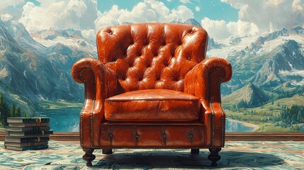 Luxurious leather armchair with mountain view and stacked money