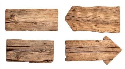 Obraz premium Set of three rustic wooden signboards in different wood tones, isolated on white background, perfect for outdoor signage, branding, or nature-themed designs