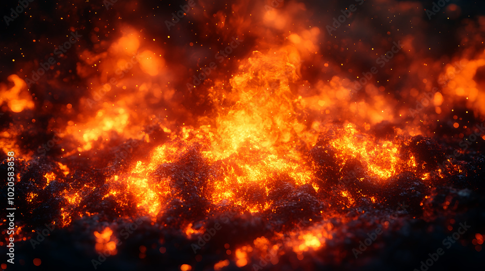 Poster intense and dramatic raging flames of an explosive and powerful fire engulfing the scene,creating an
