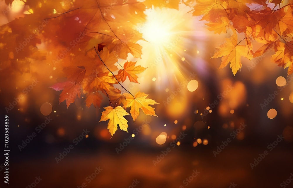Poster golden autumn leaves with sunbeams shining through, creating a soft, bokeh background.