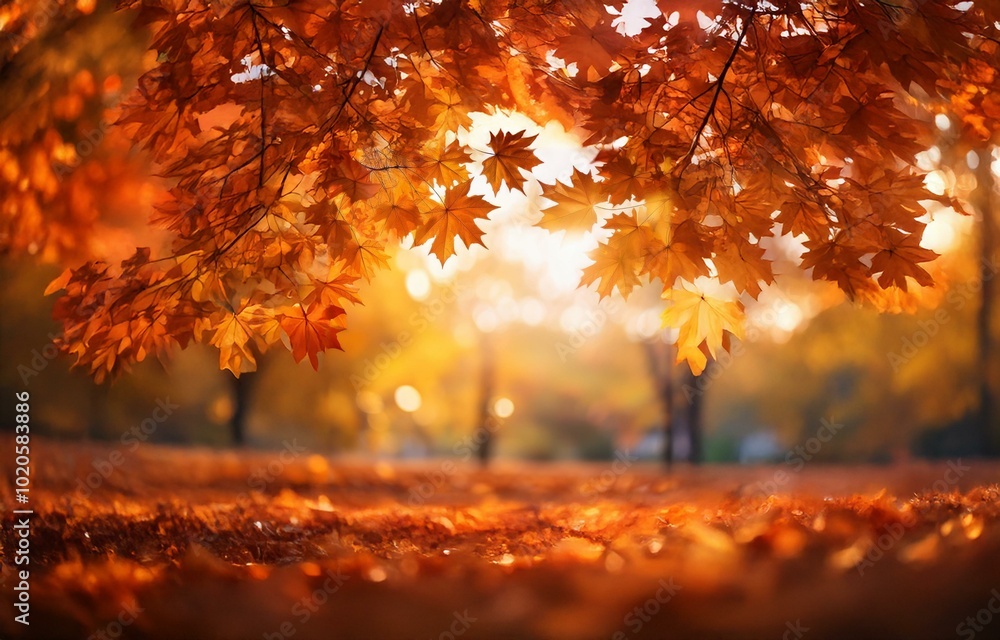 Poster golden autumn leaves on a tree branch with a blurred background of trees and fallen leaves.