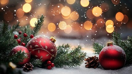 Christmas ornaments and pine branches in snow with bokeh lights