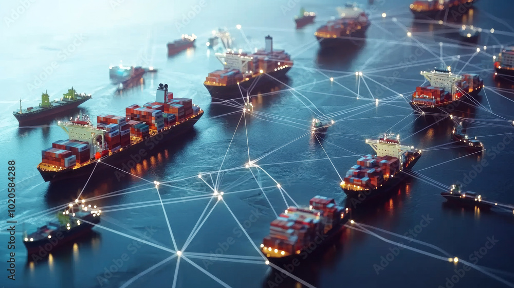 Wall mural digital network connecting cargo ships at night