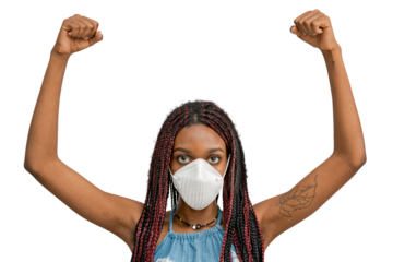 Black woman wearing a mask and raising her hands up in the air transparent png