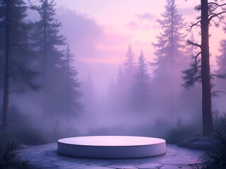 round podium in a mystical forest with a mysterious pink glow and fog