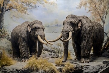 Two woolly mammoths displayed in a natural history setting.