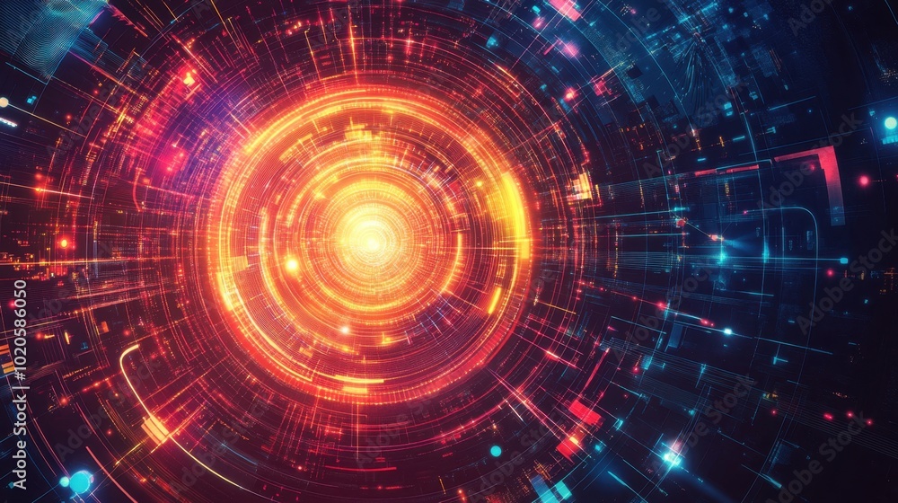 Poster high-tech, futuristic vector background featuring glowing circuits, grids, and swirling digital part