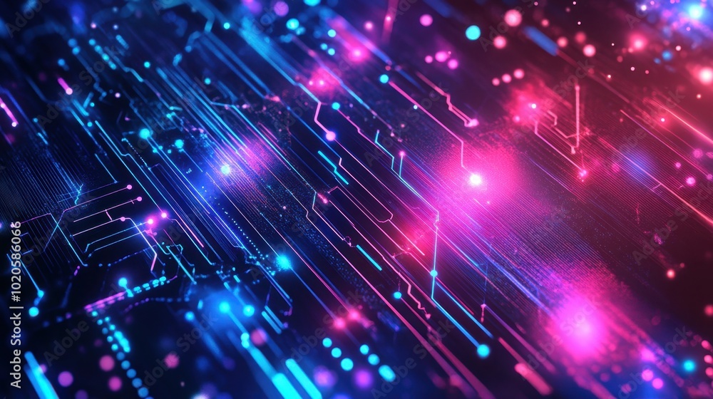 Poster high-tech, futuristic vector background featuring glowing circuits, grids, and swirling digital part