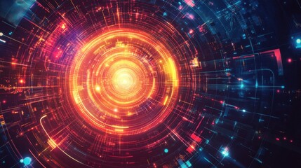 Obraz premium High-tech, futuristic vector background featuring glowing circuits, grids, and swirling digital particles, representing the concept of big data