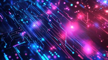 High-tech, futuristic vector background featuring glowing circuits, grids, and swirling digital particles, representing the concept of big data