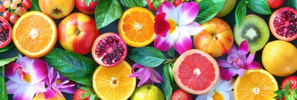 Poster a vibrant display of various fruits and flowers showcases their rich colors and textures, creating a