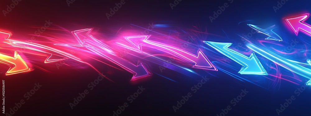 Poster dynamic neon light arrows create a vibrant display of color and motion against a dark background at 