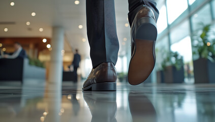 Business Professional Walking Down a Hallway, Focus on Footsteps and Shiny Leather Shoes