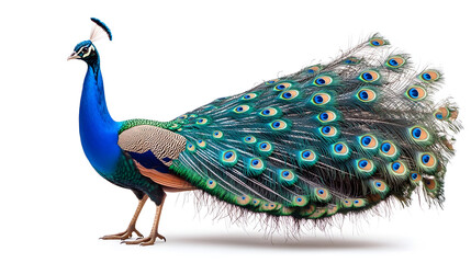 Obraz premium Majestic peacock with its vibrant and colorful feather plumage on display. The side profile of this elegant and ornamental bird showcases the intricate patterns and textures of its stunning tail.