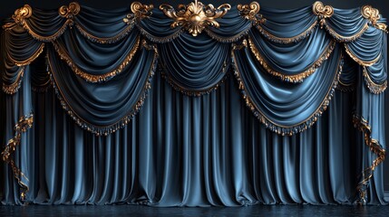 Elegant stage curtain with ornate blue and gold drapes design