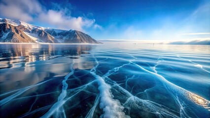Foggy winter scene at Baikal Lake with extreme close-up of water surface