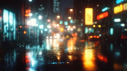 Fototapeta premium Rainy night in the city with glowing streetlights and blurred bokeh reflections on the streets, creating a moody, yet serene urban backdrop