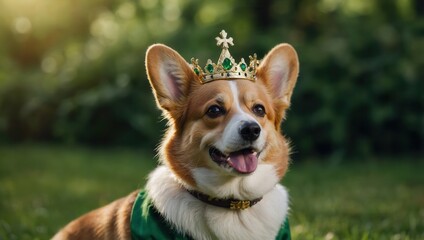 Corgi wearing crown and green tunic, sitting on grass in sunny setting