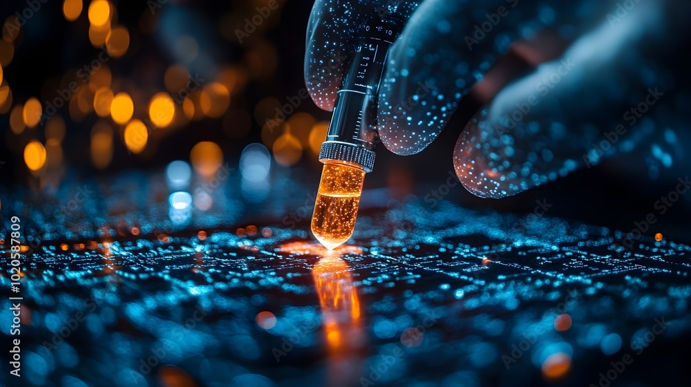 Aufkleber Mesmerizing close-up view of a water drop making a striking splash on a reflective surface,creating an abstract and dynamic visual with glowing illumination and intricate patterns.