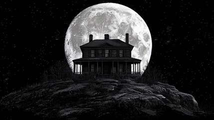 Naklejka premium Eerie Haunted House Silhouetted Against Full Moon - Gothic Digital Wallpaper for Halloween Ambiance