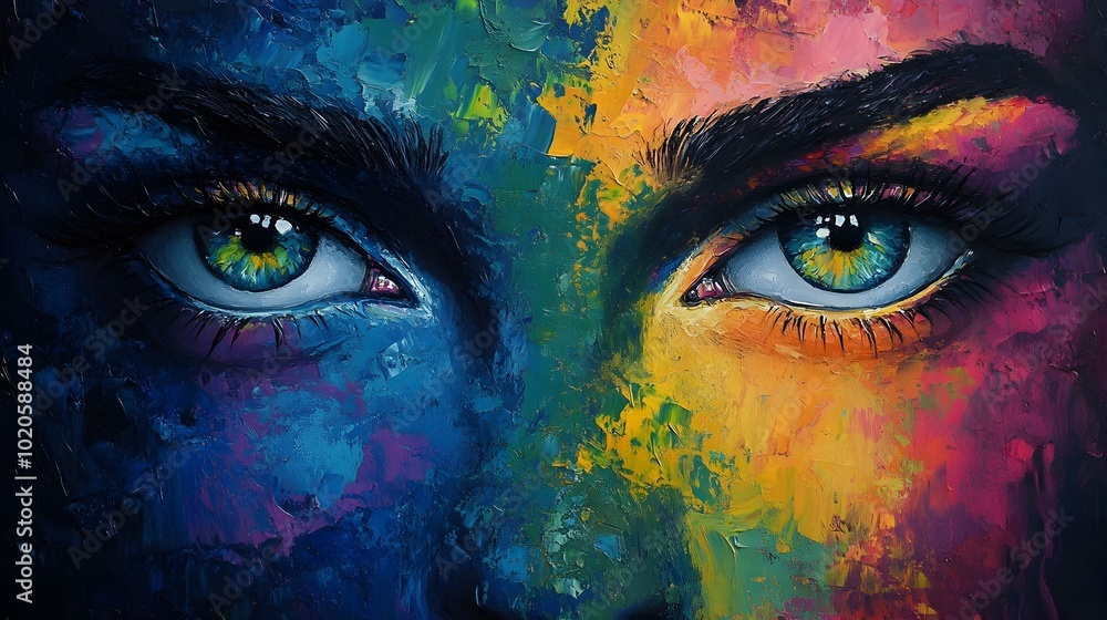 Aufkleber Mesmerizing surreal portrait with a face composed of vibrant abstract digital painting,featuring intense colors,fluid patterns,and imaginative expression.
