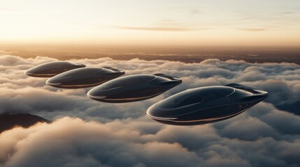 Four Futuristic Vehicles Flying Above Clouds at Sunset
