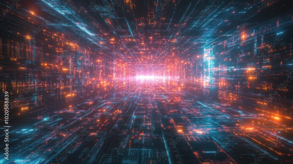 Poster sci-fi technology backdrop with interconnected digital streams, glowing data points, and network pat