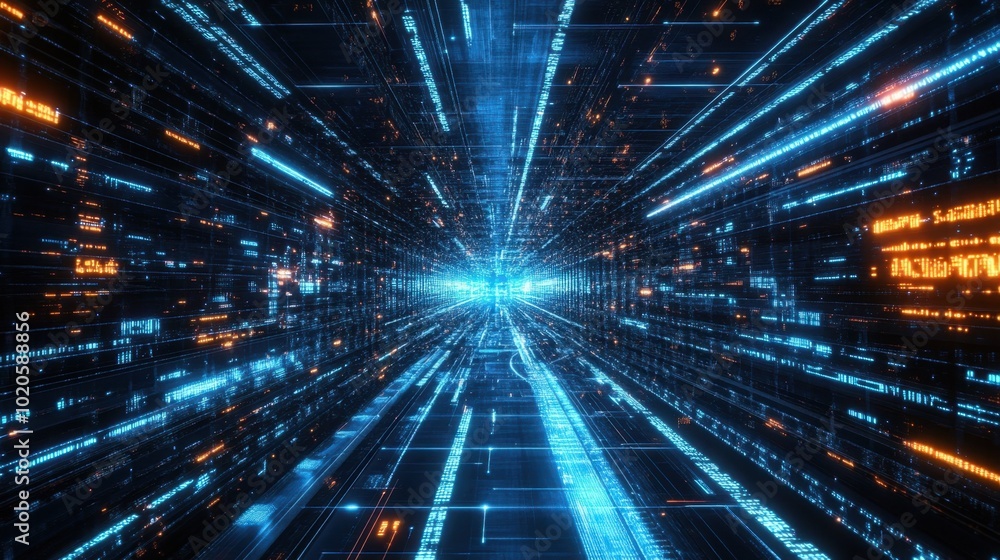 Poster sci-fi technology backdrop with interconnected digital streams, glowing data points, and network pat