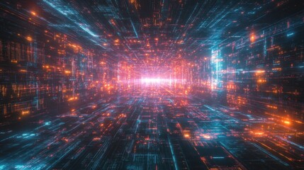 Fototapeta premium Sci-fi technology backdrop with interconnected digital streams, glowing data points, and network patterns for an abstract view of future internet business and big data