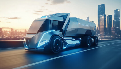 Futuristic Electric Truck Driving on a Highway in a Modern City, Showcasing Cutting-Edge Automotive Technology