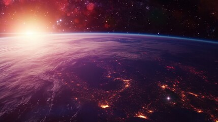 Obraz premium Sunrise over Earth as viewed from space, with vibrant colors illuminating the planet surface and atmosphere in a stunning celestial scene