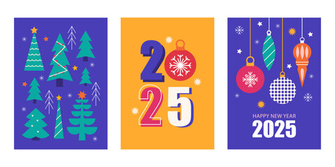 Merry Christmas and Happy New Year greeting card, poster modern set. Colorful geometric vector illustration in flat style. Banner, holiday covers template
