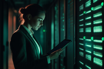 Businesswoman Using Tablet in a Data Center Surrounded by Green-Lit Servers, Highlighting Technology and Cybersecurity