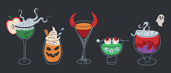 Halloween cocktails collection, vector illustrations in flat cartoon style. Spooky drinks with ghost, eyeball. Pumpkin patch, martini, festive apple punch for party decor and Halloween celebrations