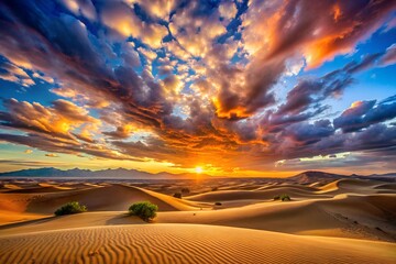 Naklejka premium A stunning sunset over the desert, showcasing vibrant colors and beautiful sand dunes under a dramatic sky.