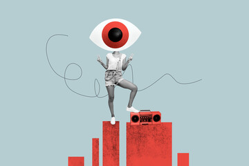 Creative collage young headless woman giant eye stare look watch privacy control superintend peace...