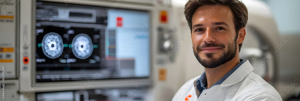 Poster portrait of a male technician or engineer in a laboratory,examining medical diagnostic equipment or 