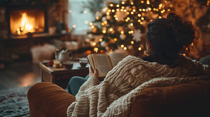 Obraz premium Cozy evening reading by a glowing fireplace while enjoying a beautifully decorated Christmas tree