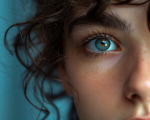 Stunning Close-Up Portrait of a Human Eye with Freckles and Curly Hair