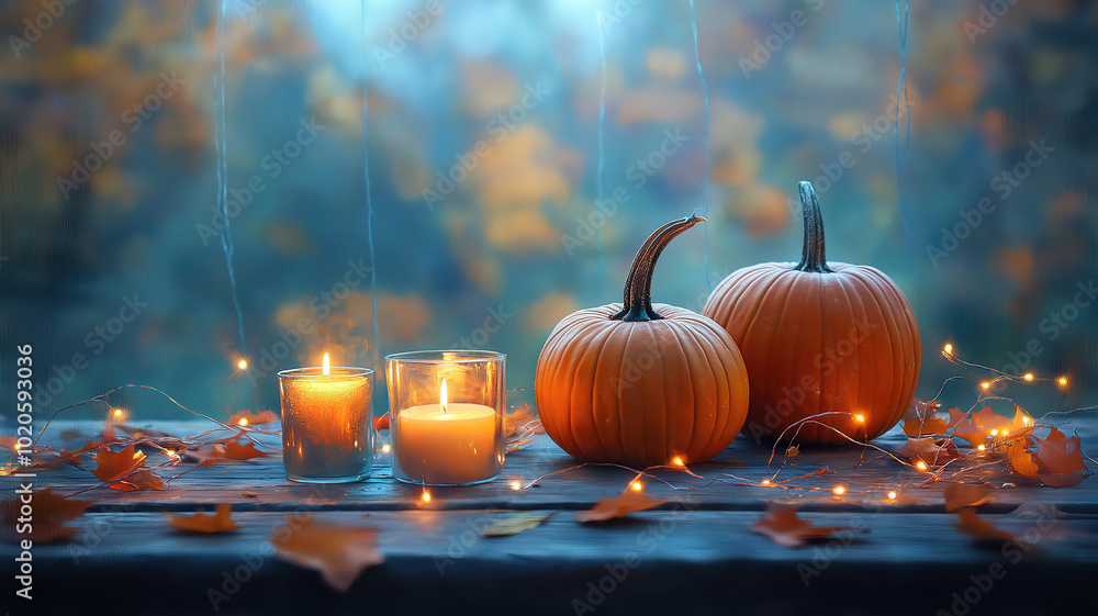 Poster pumpkins on a rustic table with candles and string lights for thanksgiving