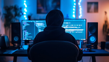 Programmer Sitting at Computer Desk at Night, Writing Code in a Dimly Lit Room with Multiple Screens, Representing the Tech Industry and Software Development