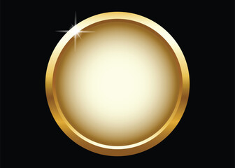 button in round gold frame vector illustration. 3d realistic shiny metal golden circle ring for website, abstract badge element design isolated on black background.