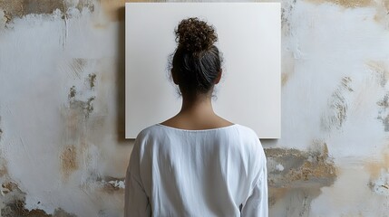 Obraz premium Rear view of a woman with her hair in a bun,standing in a minimalist studio setting with a white wall and framed artwork. The image conveys a sense of thoughtfulness,serenity,and introspection.